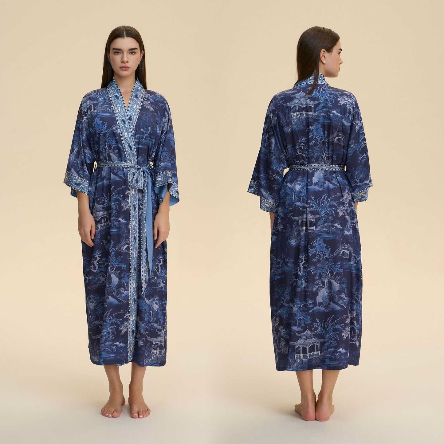 Accappatoio in stile kimono con paesaggio orientale - Blu - Taglia unica - image 0