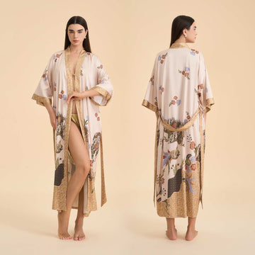 Accappatoio in stile kimono con uccelli floreali orientali - Beige - Taglia unica - image 0