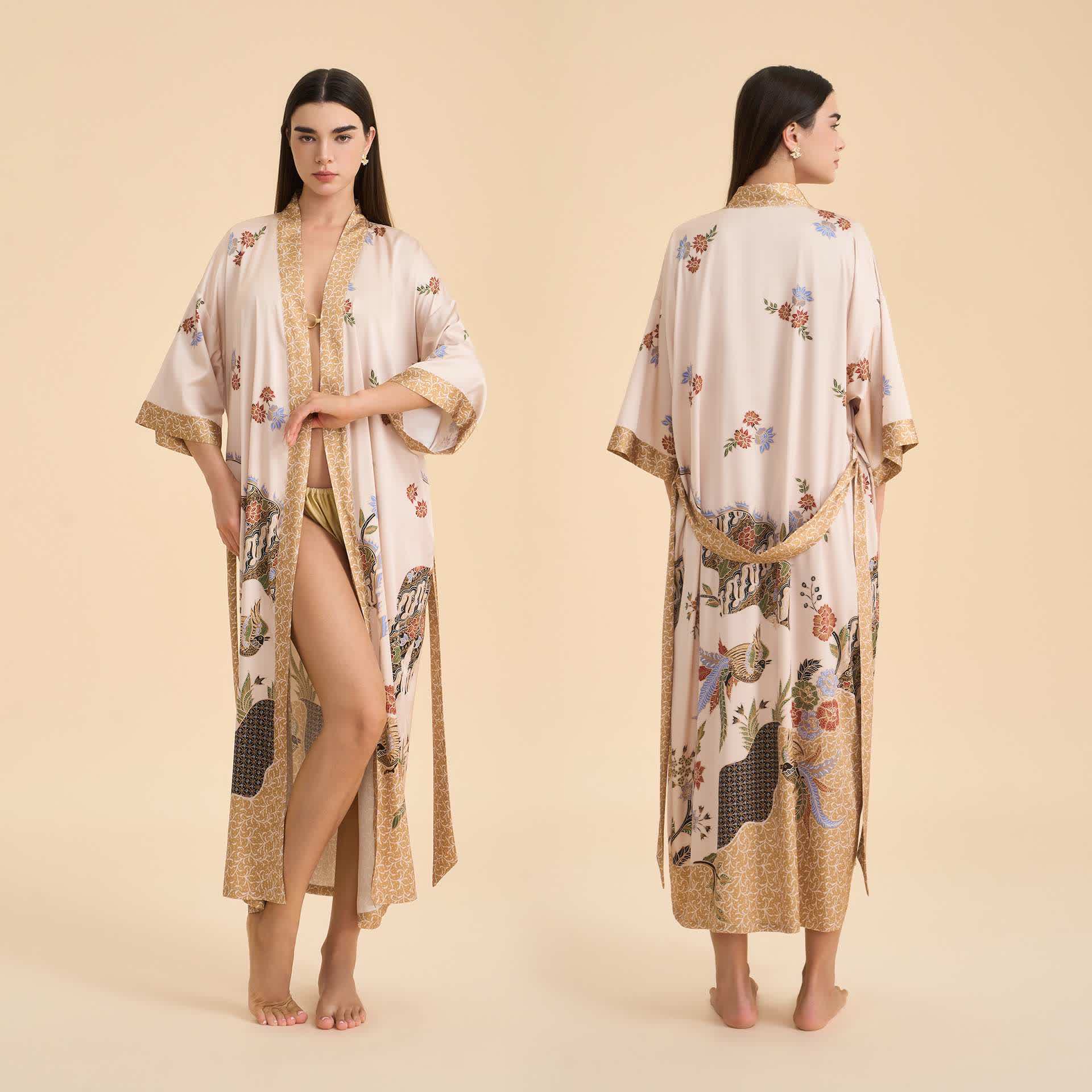 Accappatoio in stile kimono con uccelli floreali orientali - Beige - Taglia unica - image 0