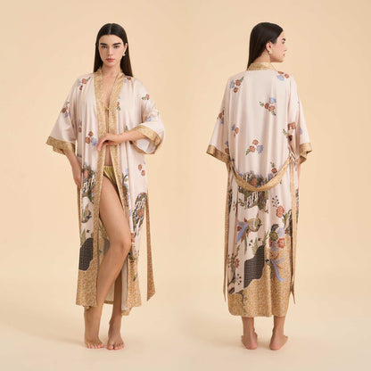 Accappatoio in stile kimono con uccelli floreali orientali - Beige - Taglia unica - image 0
