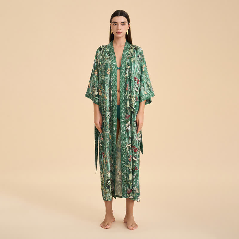 Accappatoio stile kimono con motivo floreale botanico verde - image 1