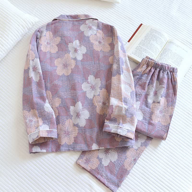 Completo da notte in cotone jacquard con fiori di ciliegio - image 1