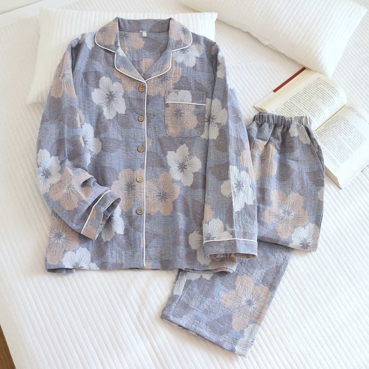 Completo da notte in cotone jacquard con fiori di ciliegio - Grigio - XL - image 12