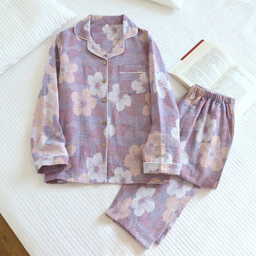 Completo da notte in cotone jacquard con fiori di ciliegio - Viola - XL - image 0