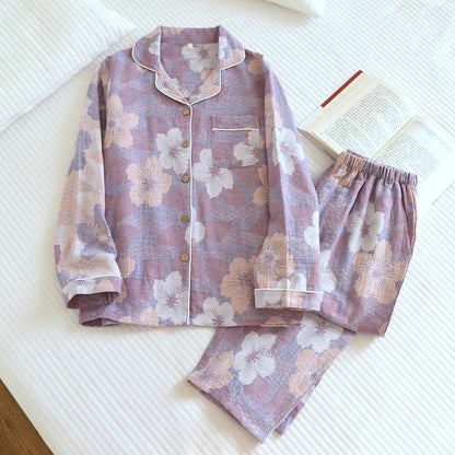 Completo da notte in cotone jacquard con fiori di ciliegio - Viola - XL - image 0