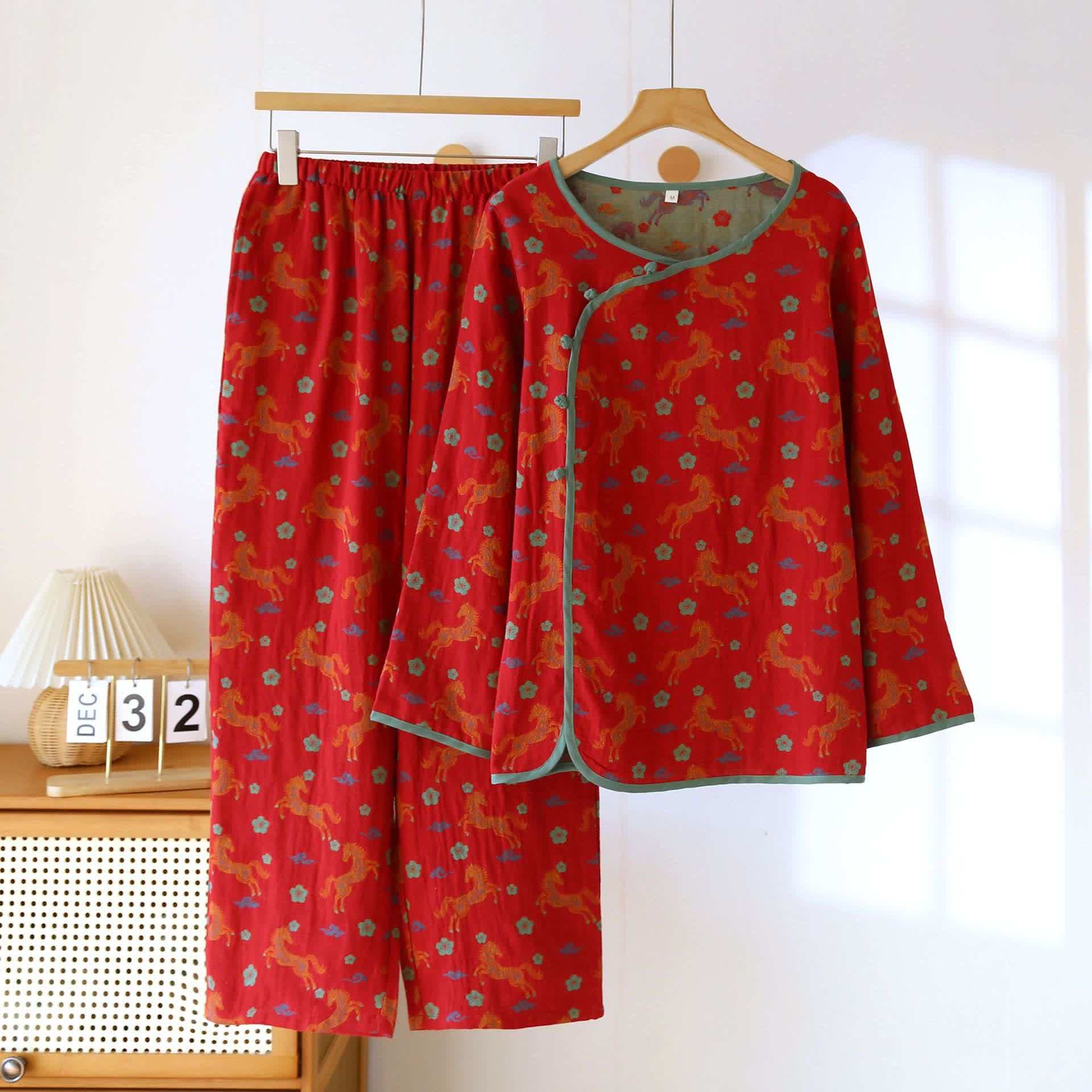 Completo da notte in garza di cotone con motivo floreale a cavallo - Rosso - 2XL - image 0