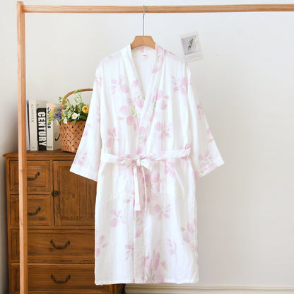 Accappatoio kimono in garza di cotone con fiori di ciliegio - Bianco - XL - image 0