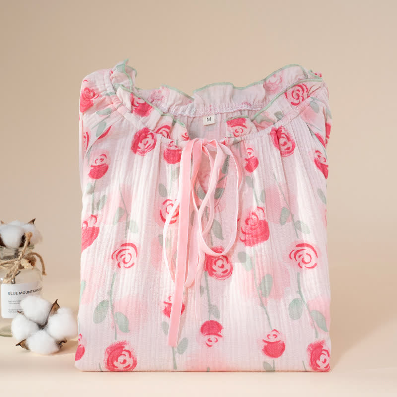 Camicia da notte romantica in garza di cotone rosa - image 3