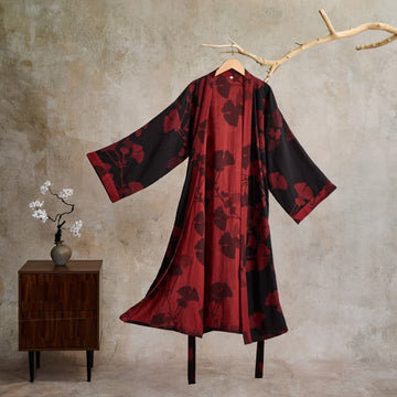 Grande kimono in cotone con foglie di ginkgo - Nero e rosso - 2XL - image 0