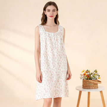Camicia da notte senza maniche in puro cotone floreale rosa - Bianco - XL - image 0