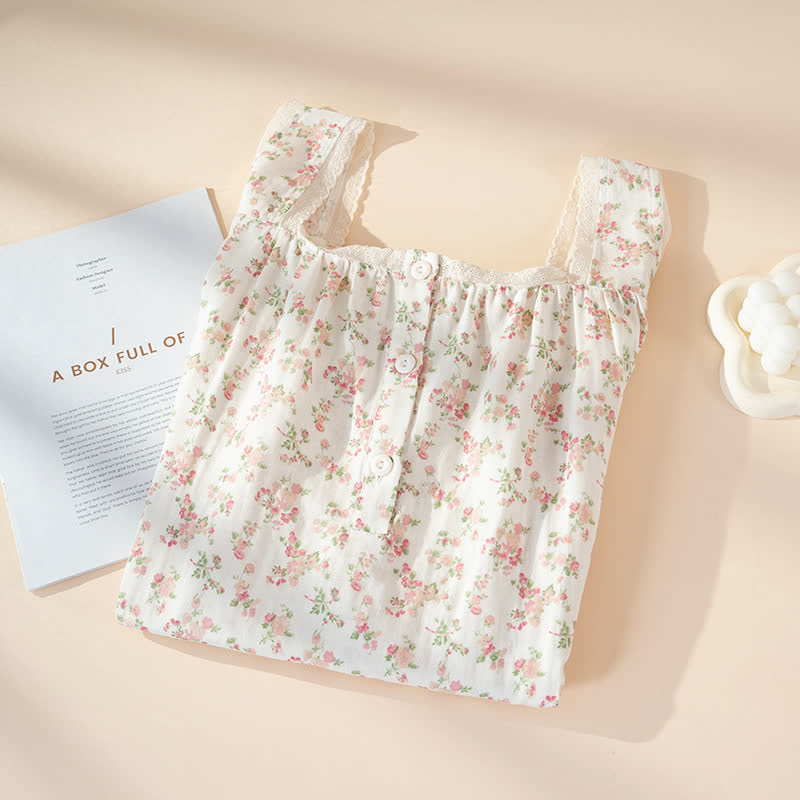 Camicia da notte senza maniche in puro cotone floreale rosa - image 1