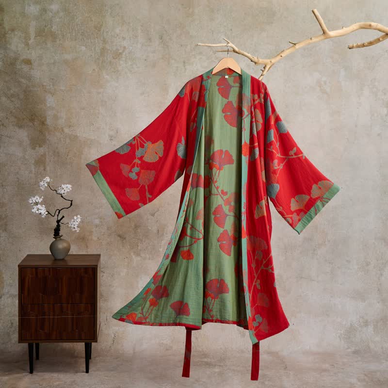 Kimono in cotone biologico con foglie di ginkgo - Rosso e verde - 2XL - image 11