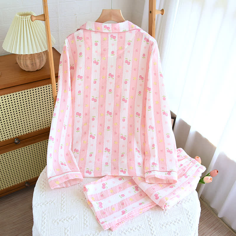 Completo da casa in cotone a righe rosa - image 3
