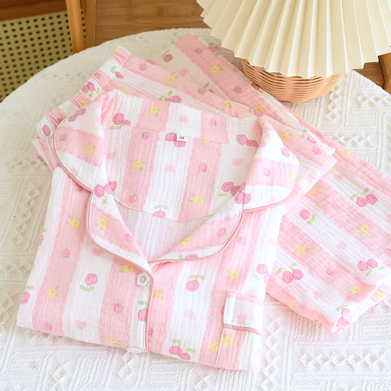 Completo da casa in cotone a righe rosa - image 1