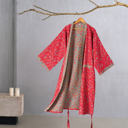 Kimono in cotone con motivo a rose romantiche - Rosso - 2XL - image 1