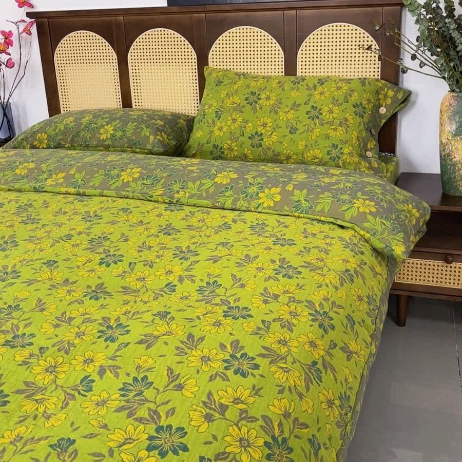 Set di biancheria da letto in garza di cotone con motivo floreale Country Gardenia (4 pezzi) - Verde - Matrimoniale Grande - image 5
