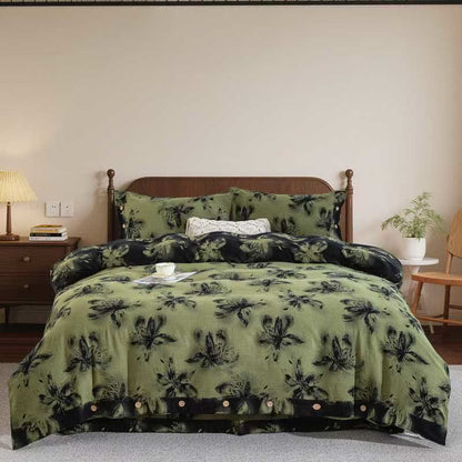 Set di biancheria da letto in cotone floreale in stile inchiostro orientale (4 pezzi) - Verde - Matrimoniale Grande - image 0