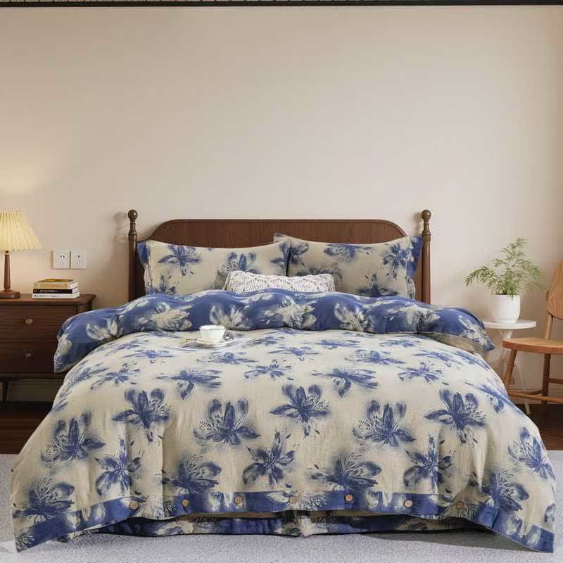 Set di biancheria da letto in cotone floreale in stile inchiostro orientale (4 pezzi) - Blu - Matrimoniale Grande - image 7