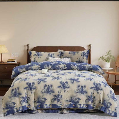 Set di biancheria da letto in cotone floreale in stile inchiostro orientale (4 pezzi) - Blu - Matrimoniale Grande - image 7
