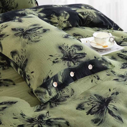 Set di biancheria da letto in cotone floreale in stile inchiostro orientale (4 pezzi) - image 4