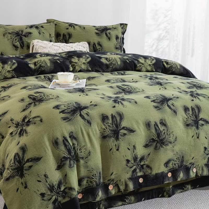 Set di biancheria da letto in cotone floreale in stile inchiostro orientale (4 pezzi) - image 2