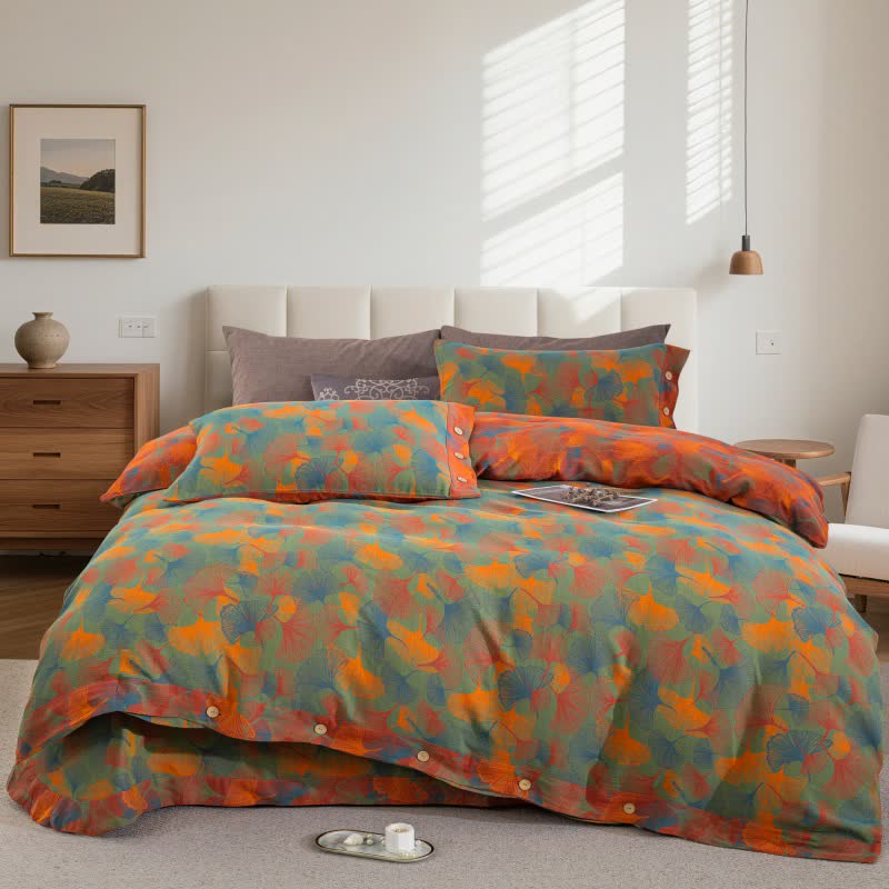 Set di biancheria da letto in garza di cotone con foglie di ginkgo artistiche (4 pezzi) - Matrimoniale Grande - image 1