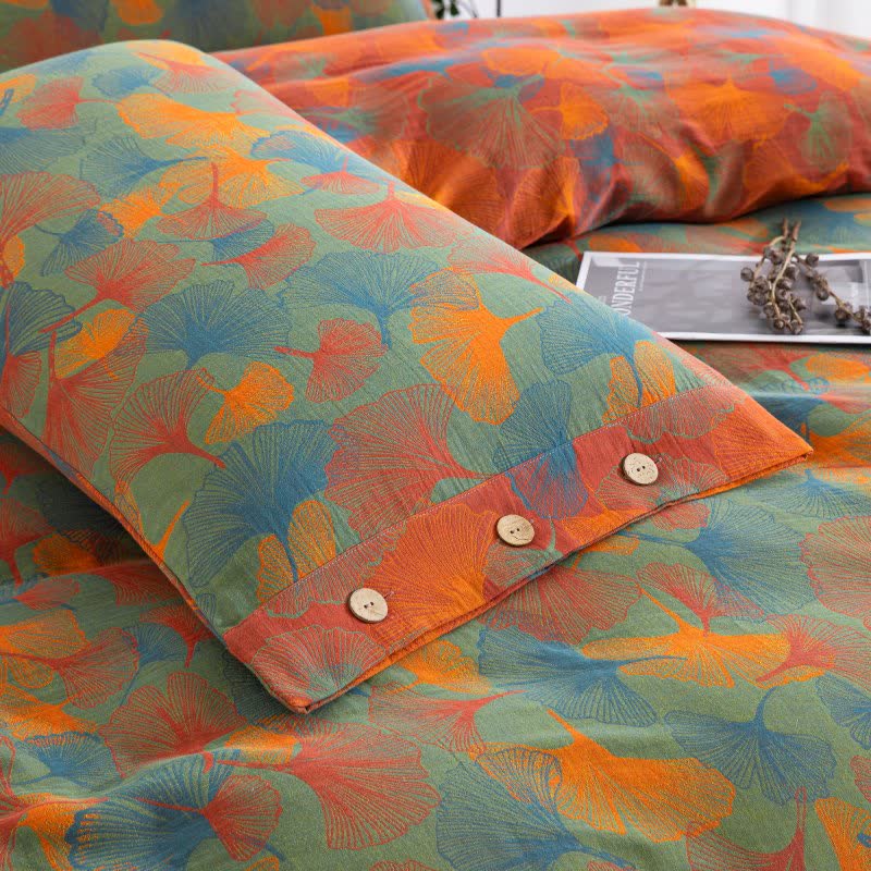 Set di biancheria da letto in garza di cotone con foglie di ginkgo artistiche (4 pezzi) - image 4