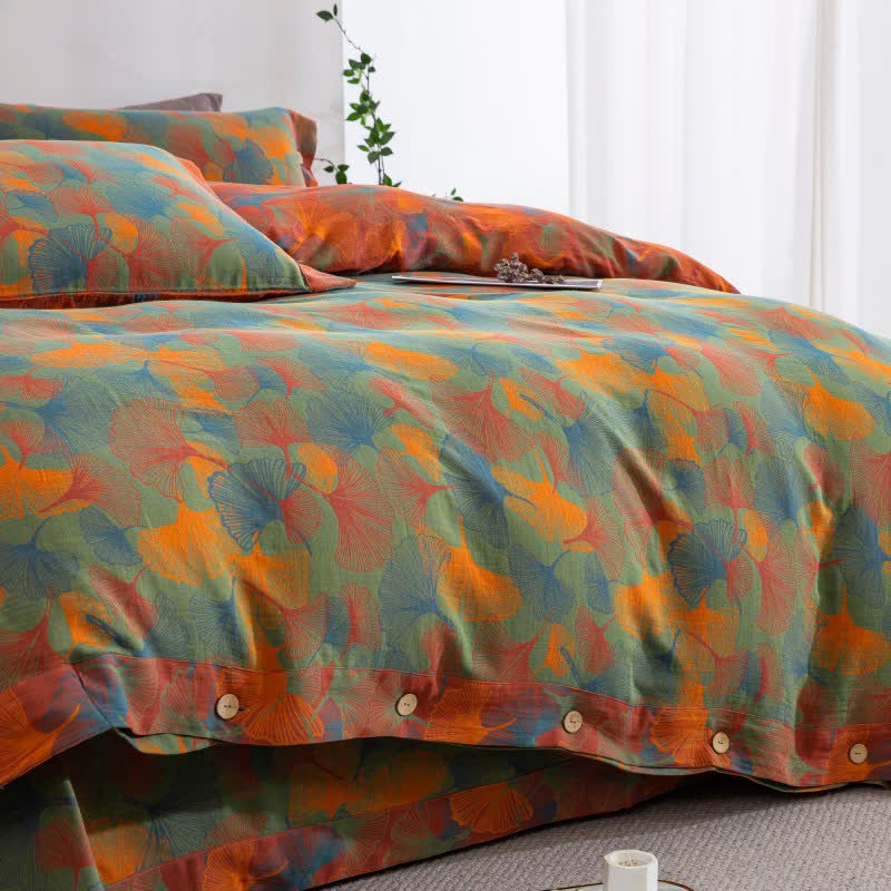 Set di biancheria da letto in garza di cotone con foglie di ginkgo artistiche (4 pezzi) - image 3