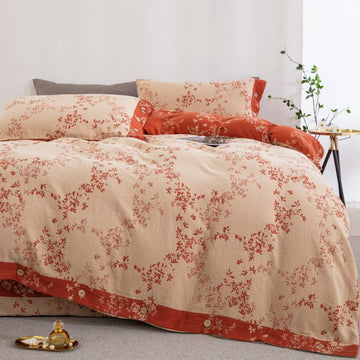 Set di biancheria da letto in garza di cotone Country Leaf (4 pezzi) - Albicocca e arancia - Matrimoniale Grande - image 0