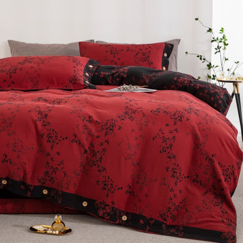 Set di biancheria da letto in garza di cotone Country Leaf (4 pezzi) - Rosso e nero - Matrimoniale Grande - image 7