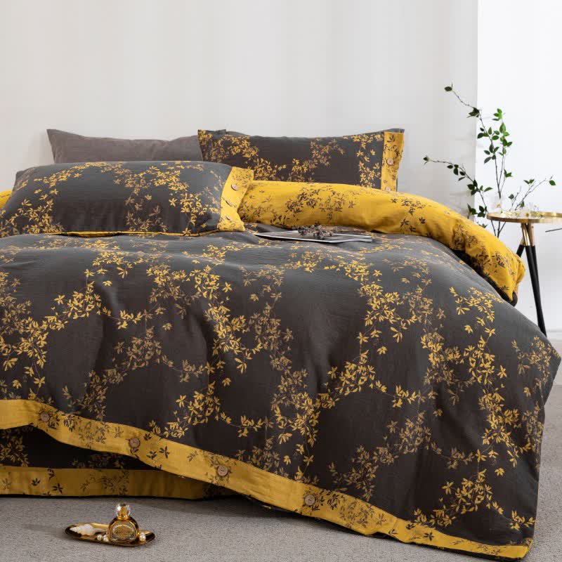 Set di biancheria da letto in garza di cotone Country Leaf (4 pezzi) - Grigio scuro e giallo - Matrimoniale Grande - image 13