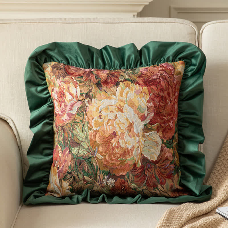 Cuscino con volant e motivo di peonie dipinto a olio - Verde - Federa - 48cm x 48cm - image 4