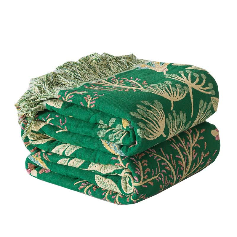 Coperta con nappe in cotone con foglie verdi botaniche - image 1