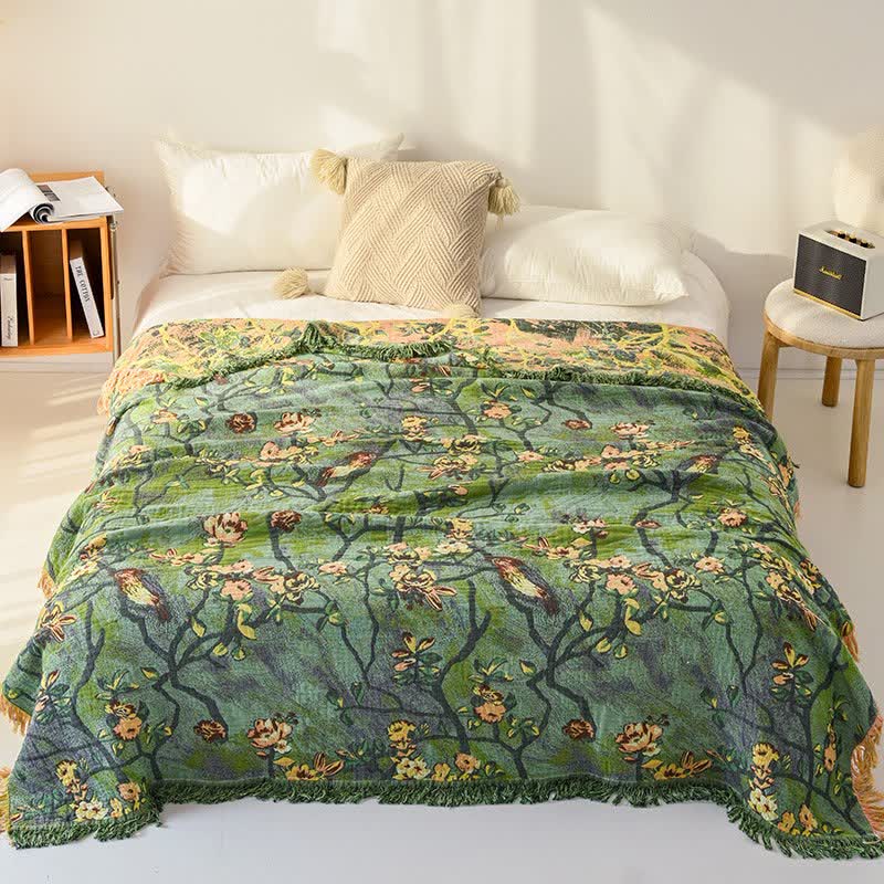 Coperta artistica in garza di cotone con uccelli del bosco - image 1
