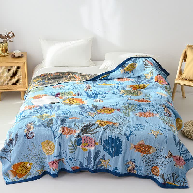 Coperta reversibile in garza di cotone a tema oceano - image 1