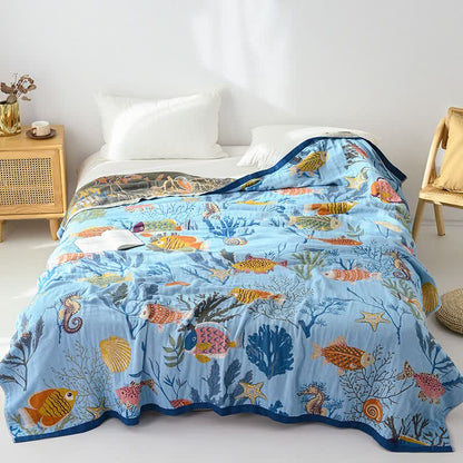 Coperta reversibile in garza di cotone a tema oceano - image 1