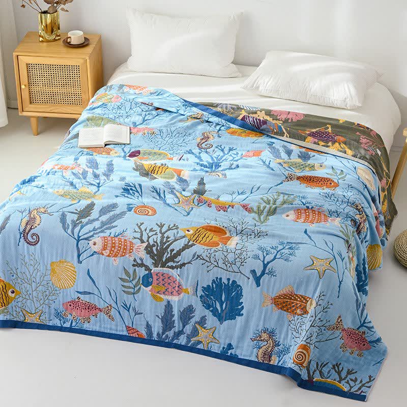 Coperta reversibile in garza di cotone a tema oceano - image 3