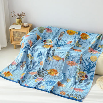 Coperta reversibile in garza di cotone a tema oceano - 230cm x 250cm - image 0