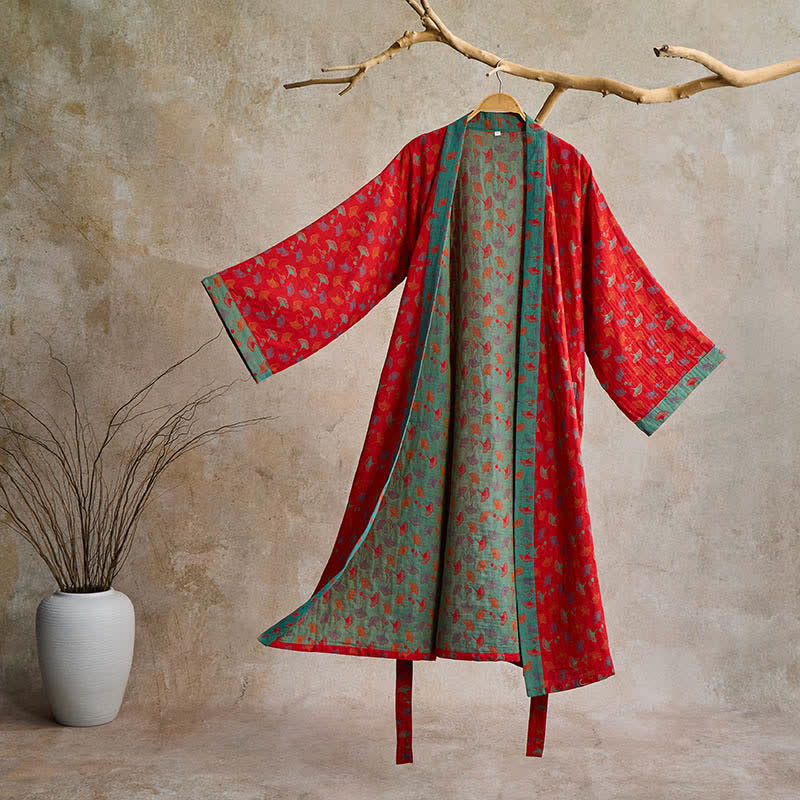 Kimono bicolore in garza di cotone ginkgo - Rosso e verde - 2XL - image 4