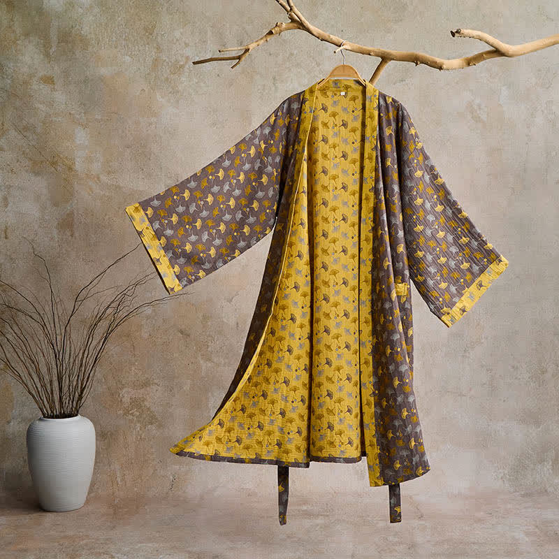 Kimono bicolore in garza di cotone ginkgo - Grigio e giallo - 2XL - image 16