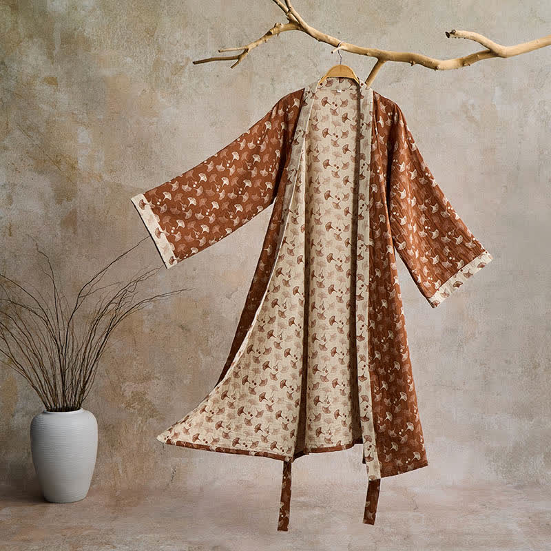 Kimono bicolore in garza di cotone ginkgo - Caffè e beige - XL - image 34