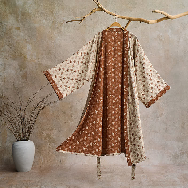 Kimono bicolore in garza di cotone ginkgo - Beige e caffè - XL - image 36