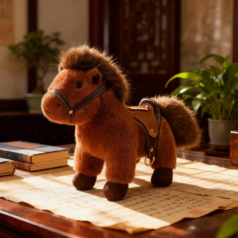 Pony di peluche realistico con sella in finta pelle - Marrone - 2 pezzi - 30cm - image 7