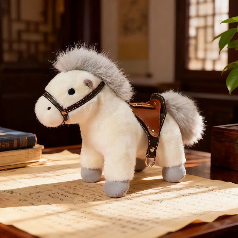 Pony di peluche realistico con sella in finta pelle - Bianco - 2 pezzi - 30cm - image 5