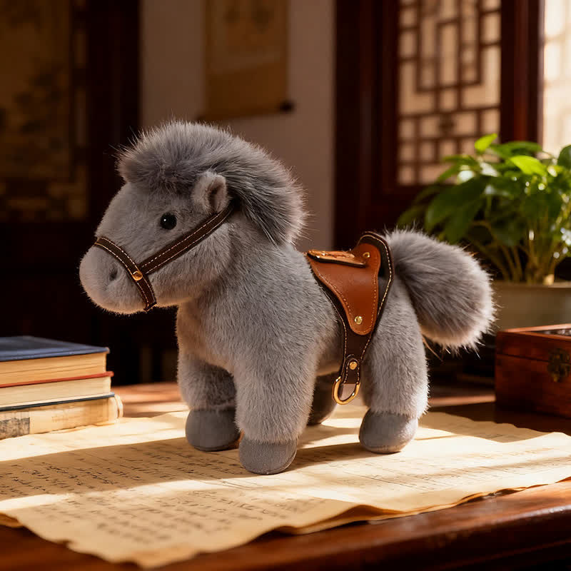 Pony di peluche realistico con sella in finta pelle - Grigio - 2 pezzi - 30cm - image 10