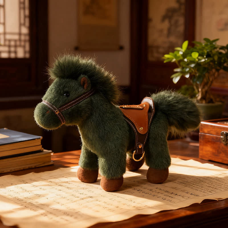 Pony di peluche realistico con sella in finta pelle - Verde - 2 pezzi - 30cm - image 6