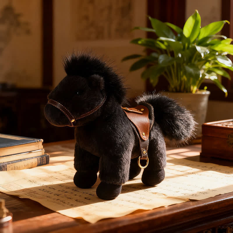 Pony di peluche realistico con sella in finta pelle - Nero - 2 pezzi - 30cm - image 9