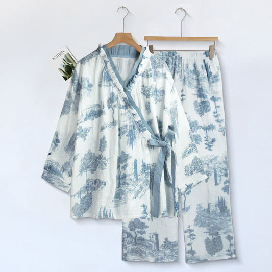 Completo da notte con scollo a balze e paesaggio - Bianco - XL - image 0