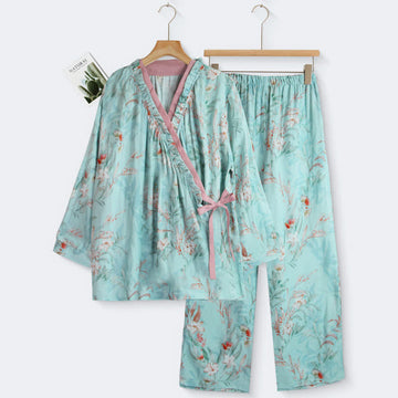 Loungewear in cotone con stampa floreale orientale e collo arricciato - Ciano - XL - image 0