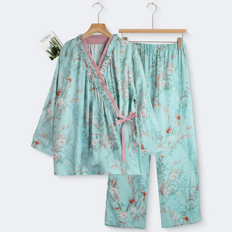 Loungewear in cotone con stampa floreale orientale e collo arricciato - Ciano - XL - image 0